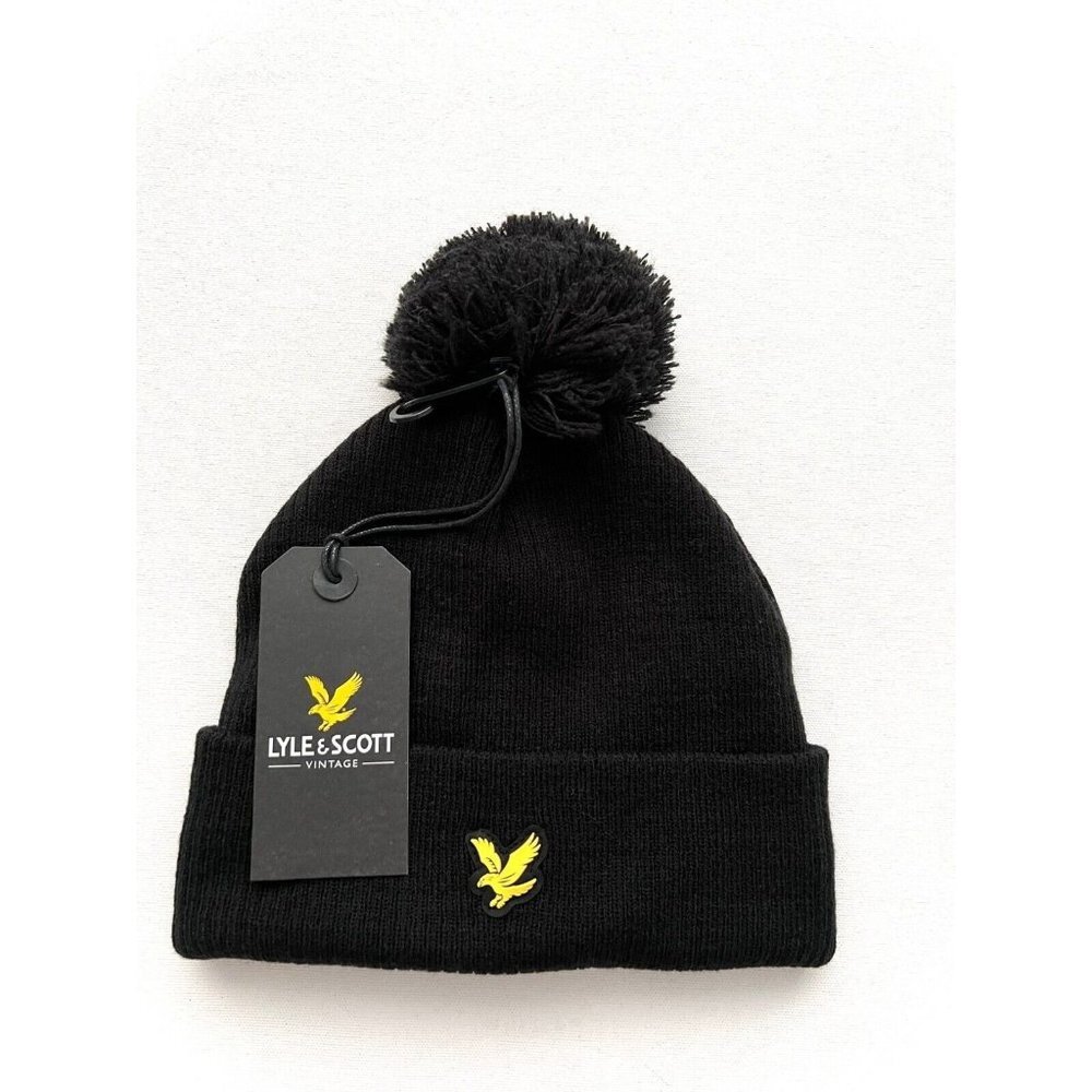 Lyle & Scott Vintage Knit Pom Rib Beanie Jet Black